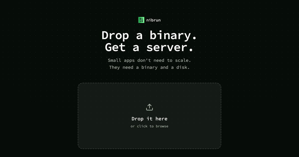 The nibrun home page, with a dashed box reading "Drop it here"